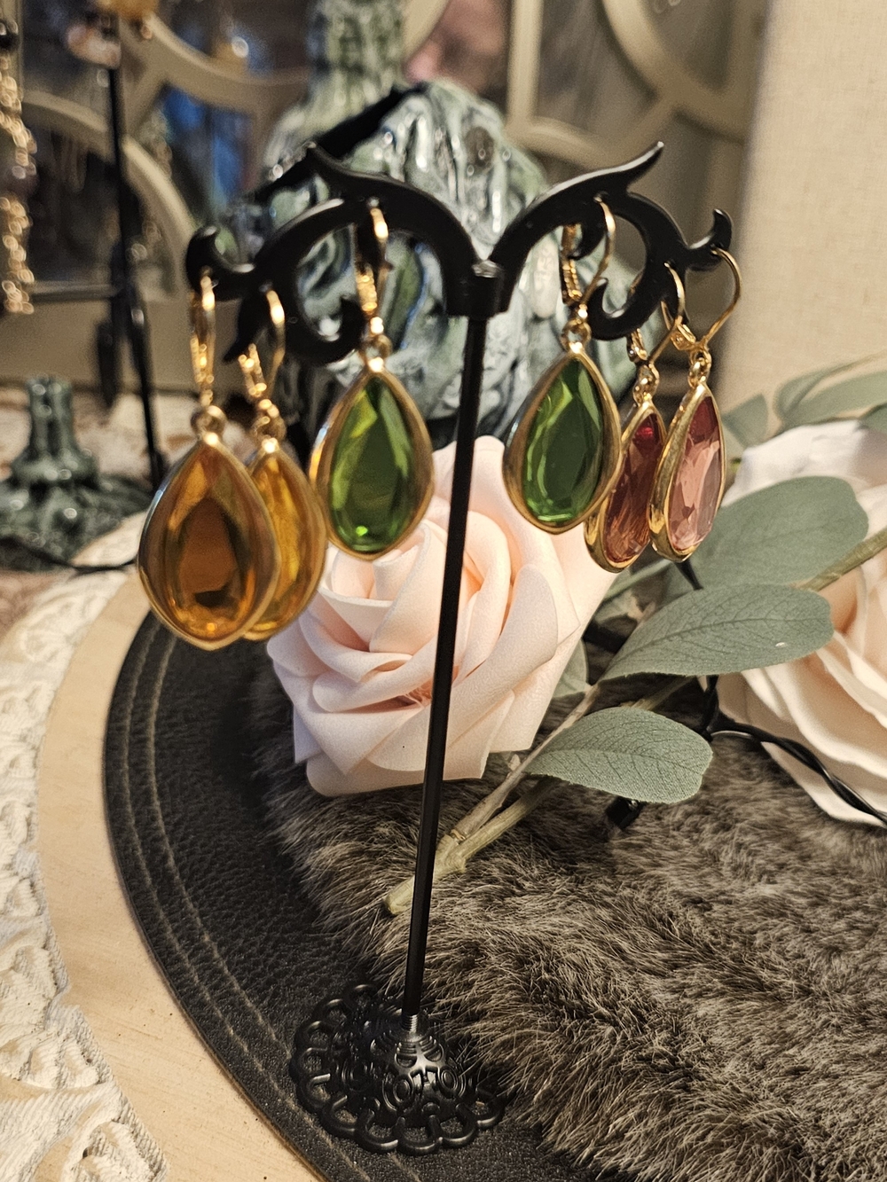 Vintage Coventry Gold Teardrop Glass Earrings in Amber, Green, and Pink  Set Of3